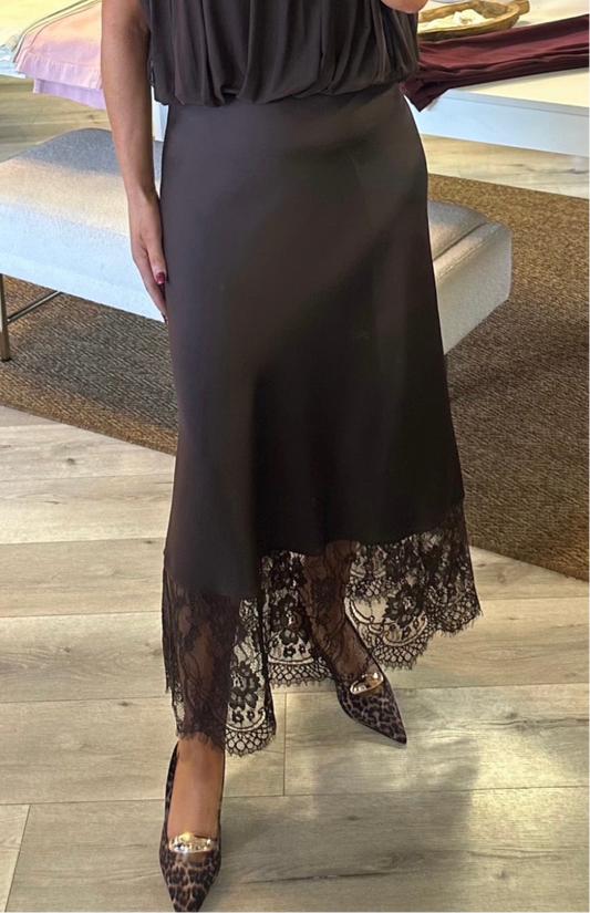 Brown Satin Skirt with Lace