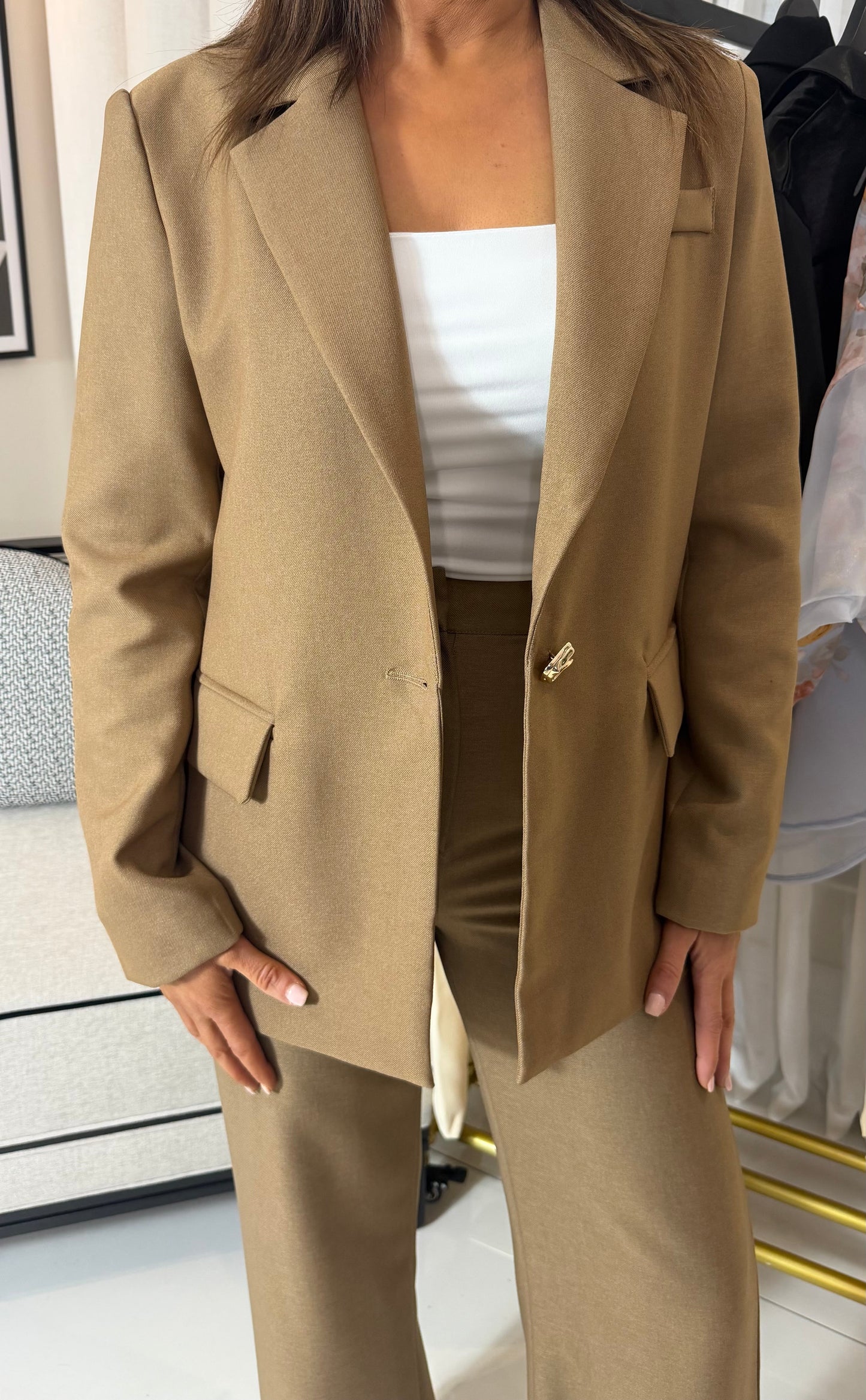 Tan Oversized Blazer with Gold Buttons