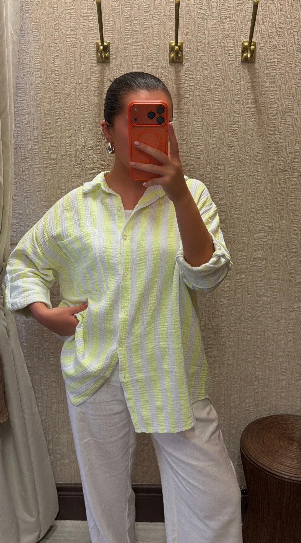 Neon Lime & White Striped Button-Down Crinkle Shirt