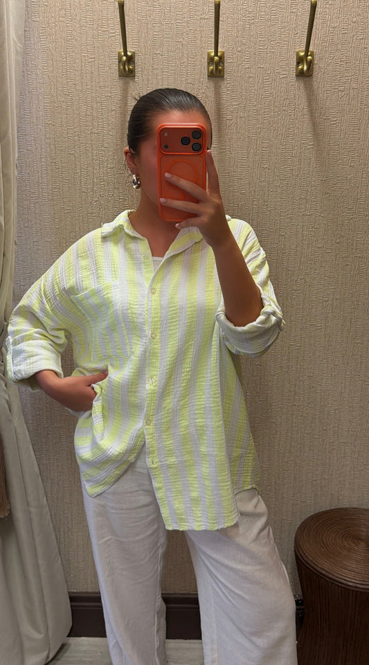 Neon Lime & White Striped Button-Down Crinkle Shirt