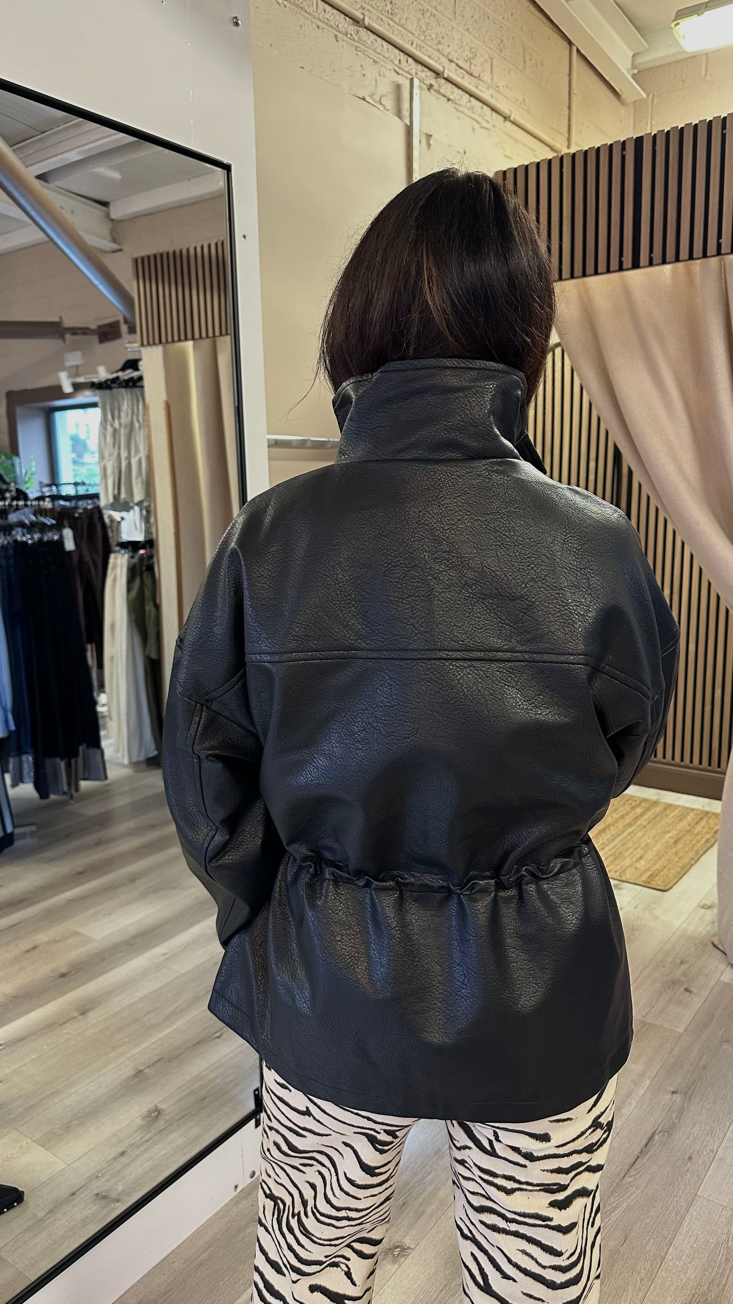 Black Leatherette Funnel-Neck Jacket