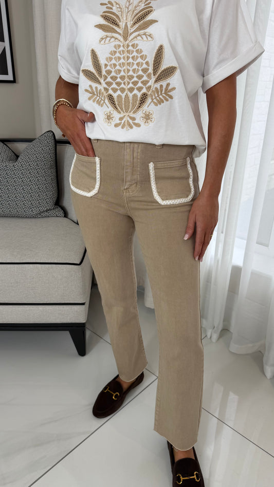Beige Cropped Jeans with Crochet Detail