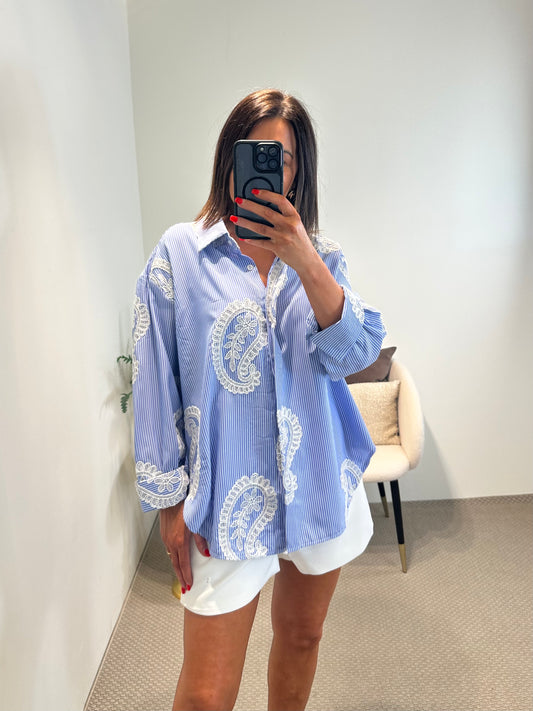Pinstriped Oversized Shirt with Crochet