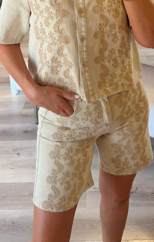 Beige Denim Embroidered Shorts