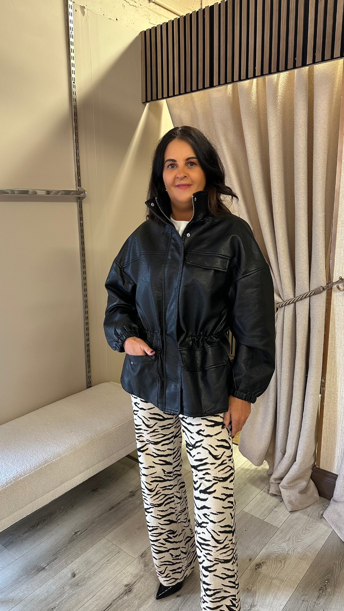 Black Leatherette Funnel-Neck Jacket