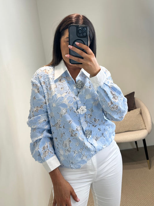 Blue Lace Shirt with Statement Buttons