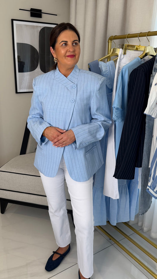 Bella High Neck Stripe Blazer Blue/White