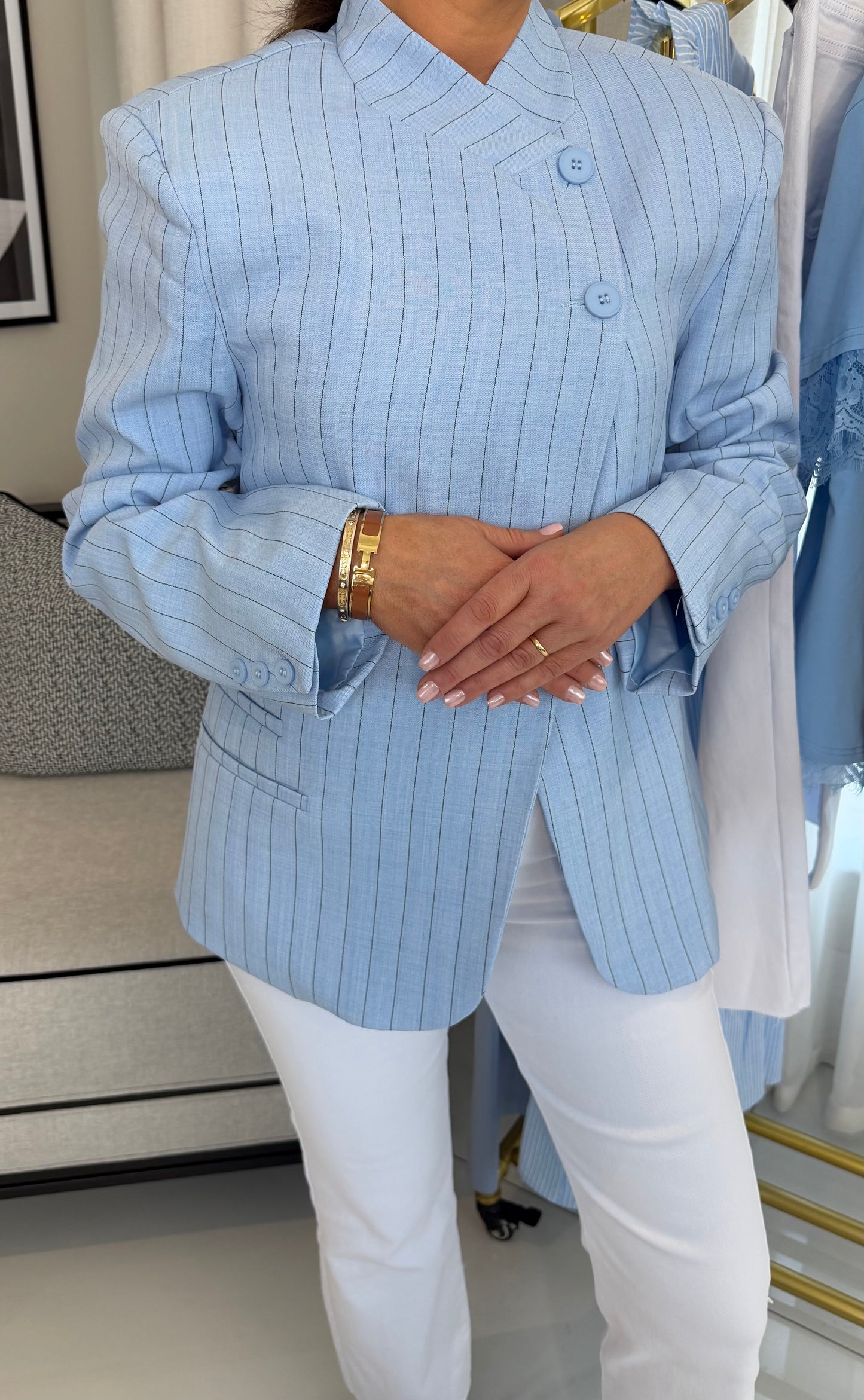 Bella High Neck Stripe Blazer Blue/White