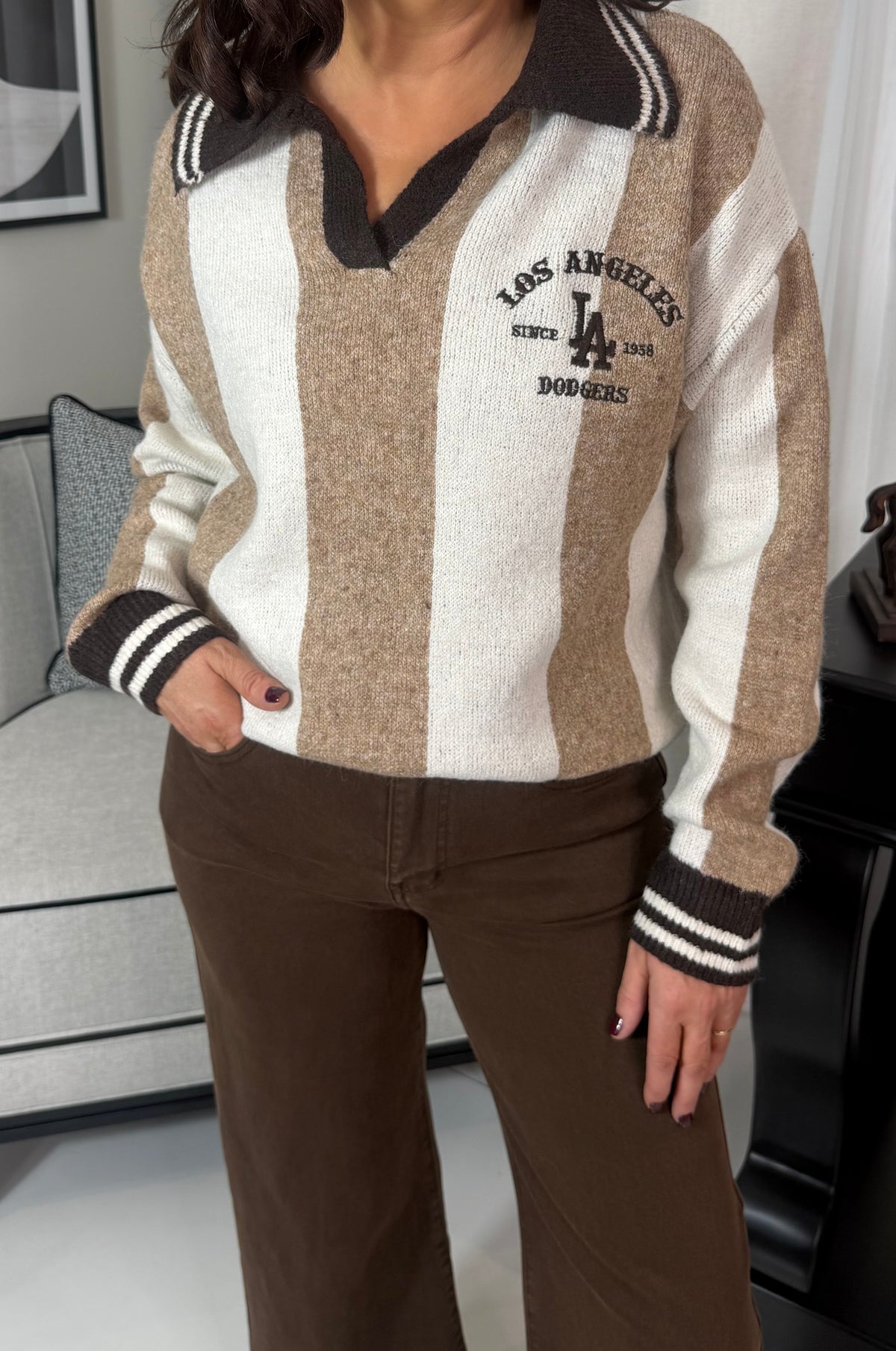 Brown & Cream Striped Polo Knit