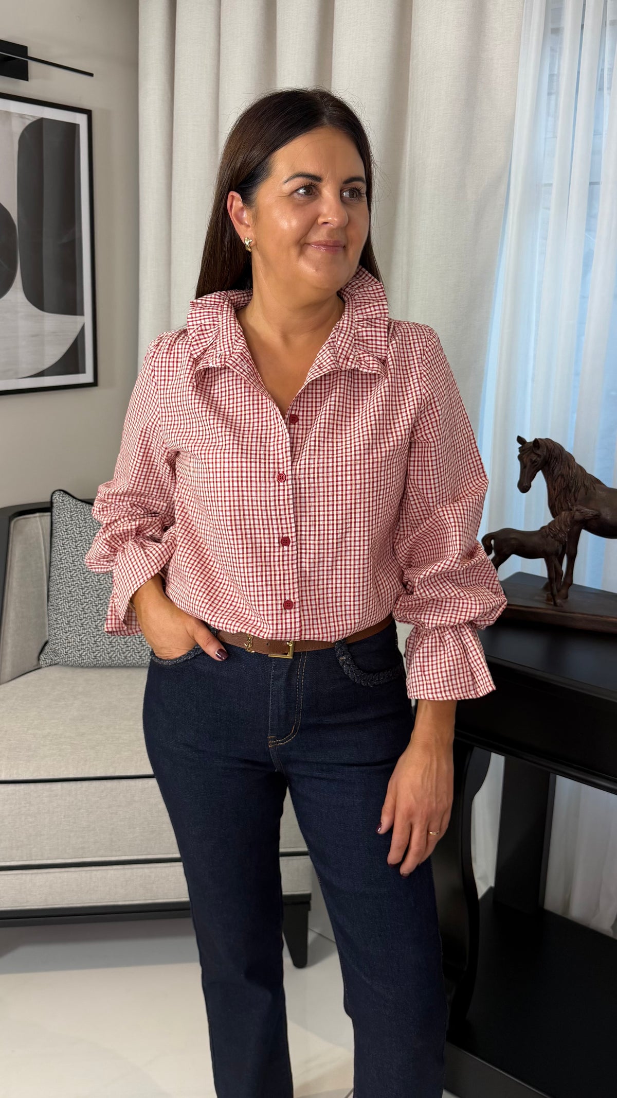 Red Check Shirt with Frill Collar