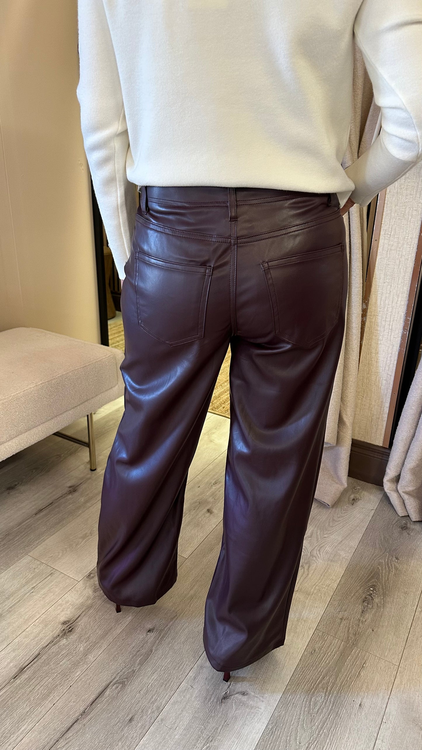 Burgundy Faux Leather Wide-Leg Trousers