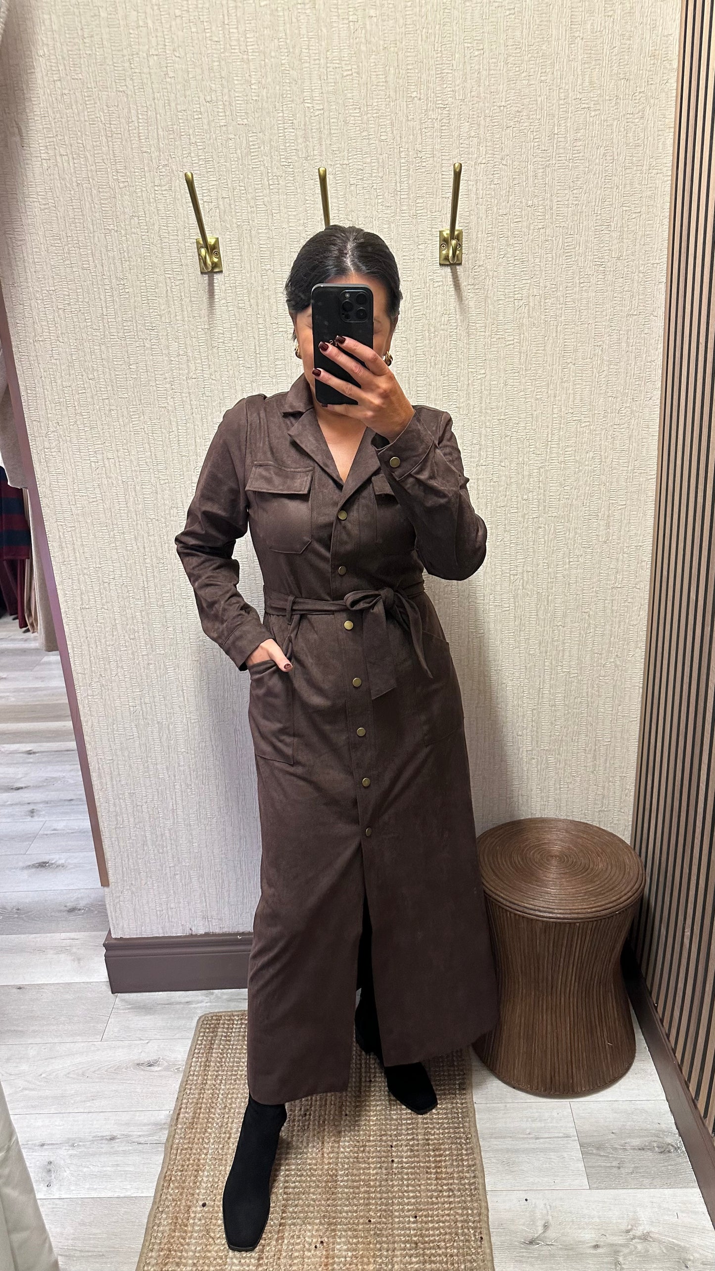 Chocolate Faux Suede Belted Dress