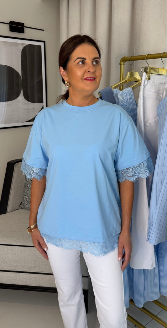 Blue T-Shirt with Lace Trim