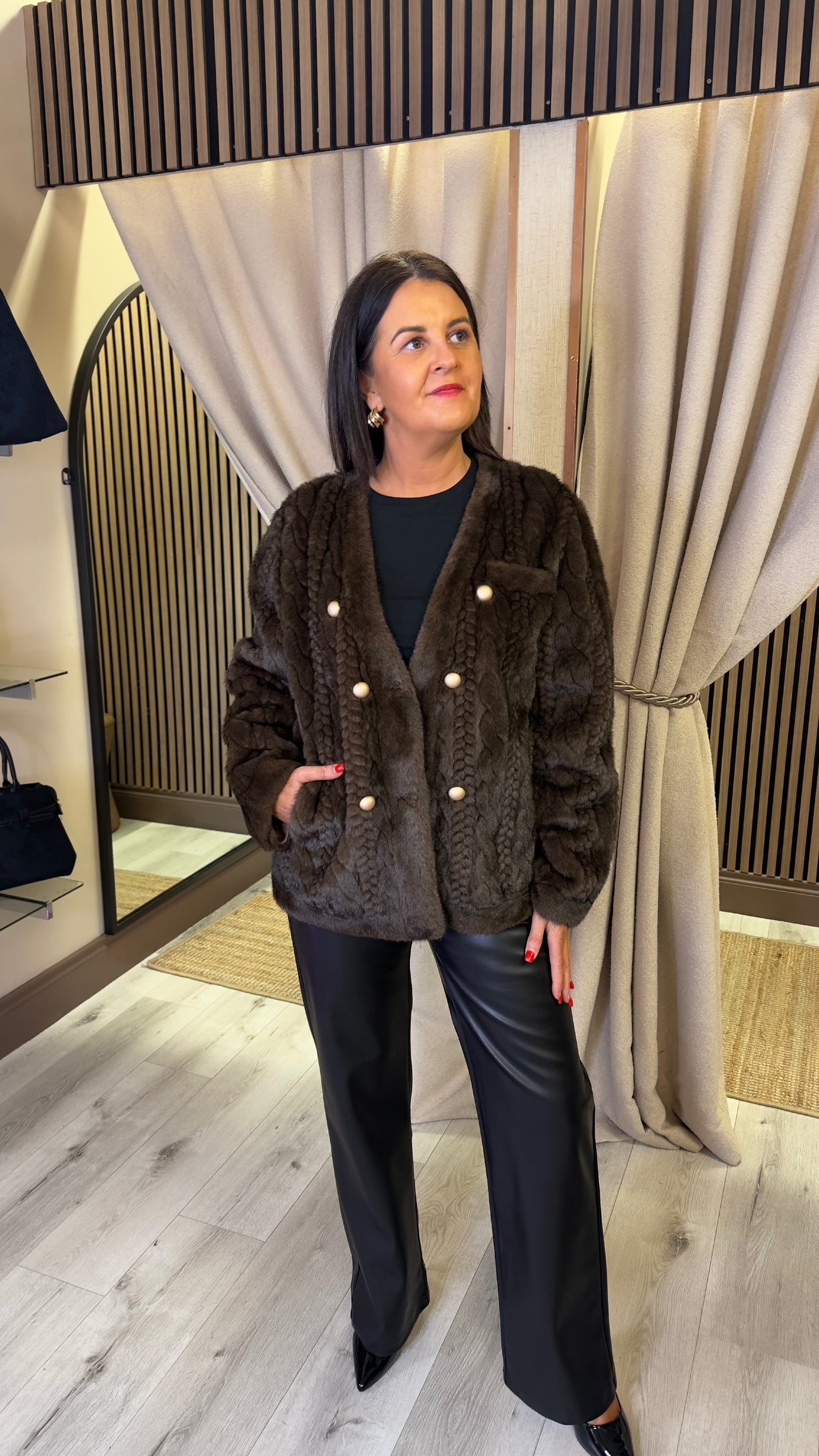 Brown Faux Fur Jacket with Cable Details