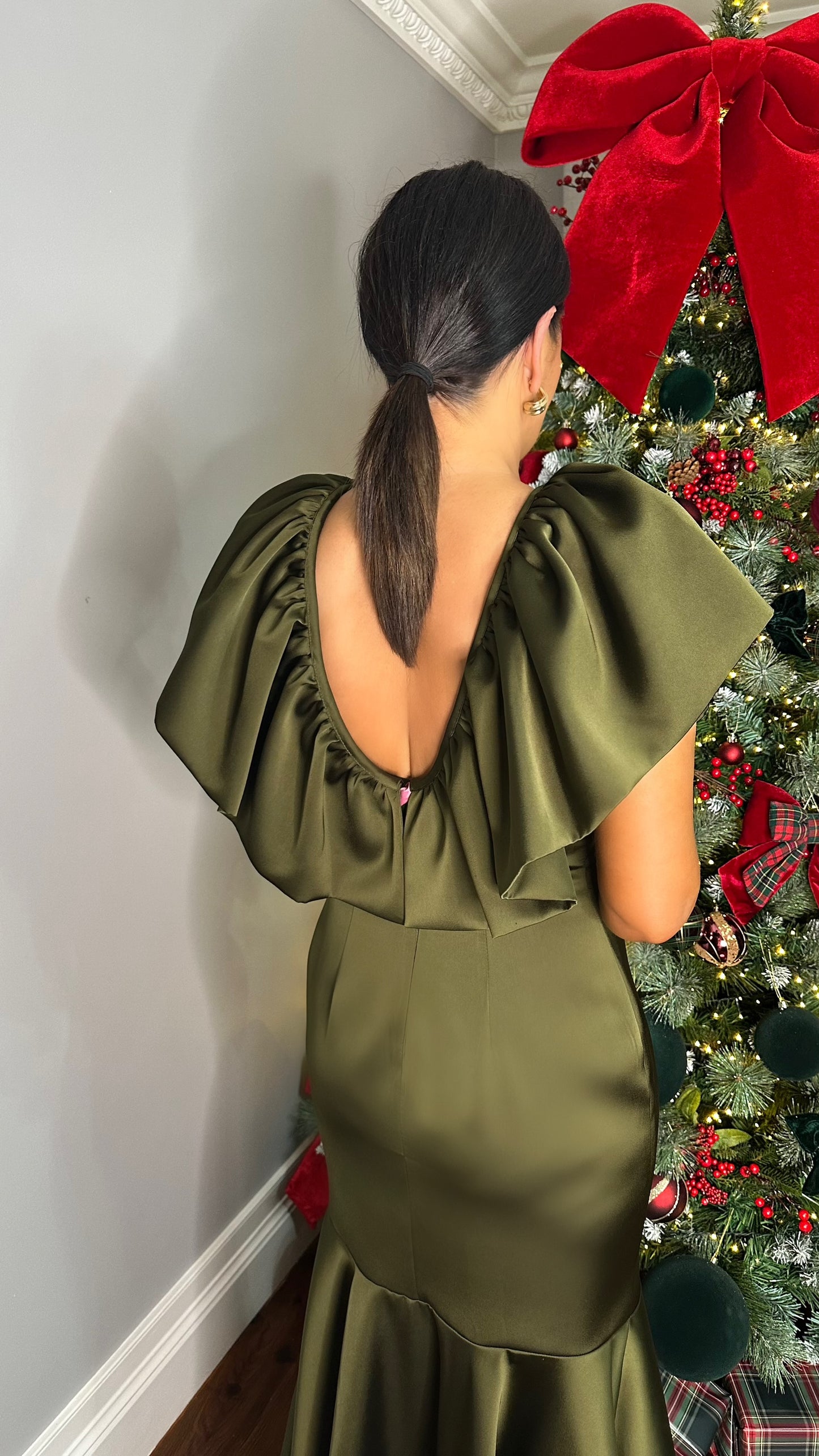 Noelle Khaki Satin Ruffle Dress