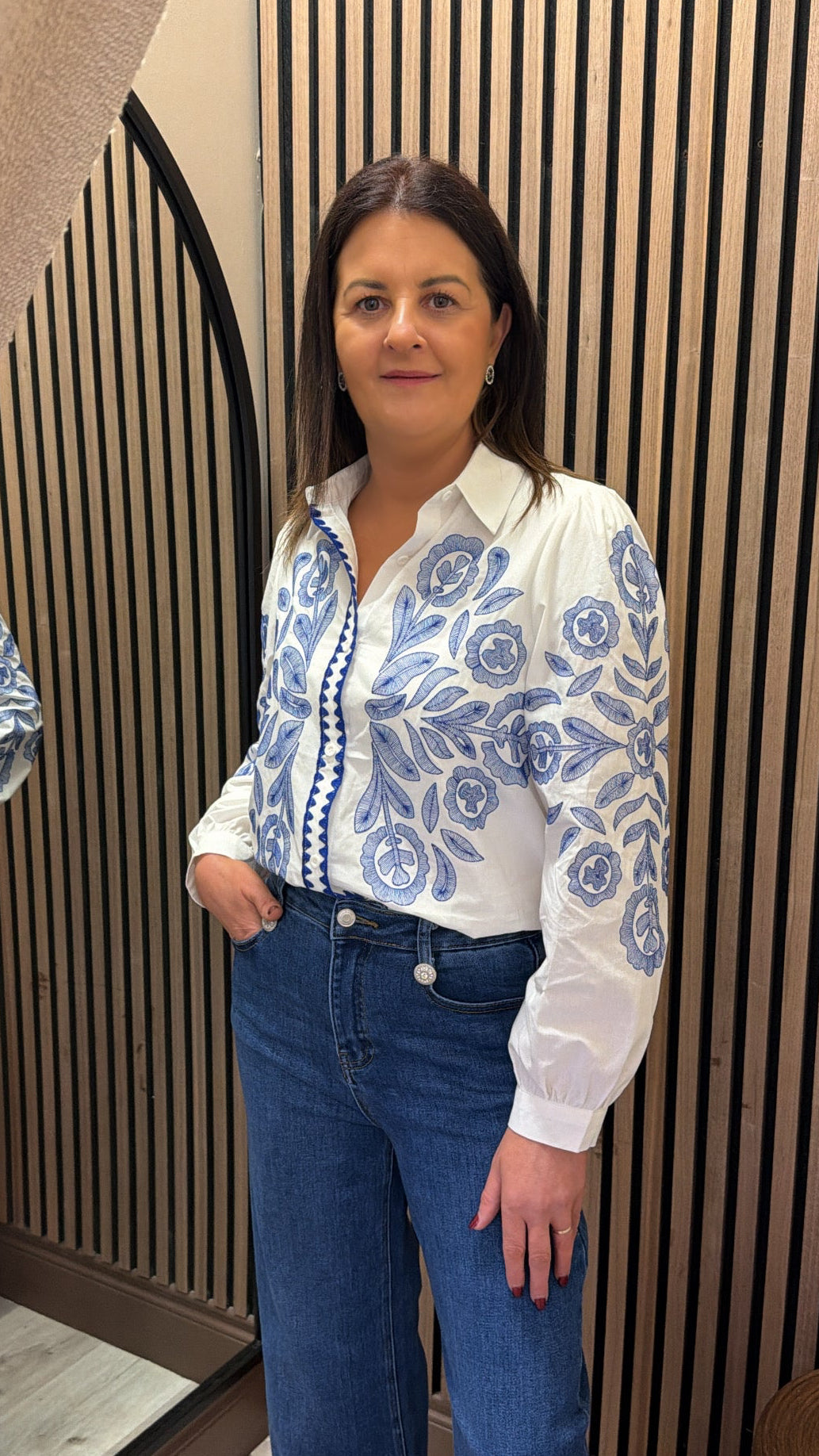 Blue Embroidered White Shirt