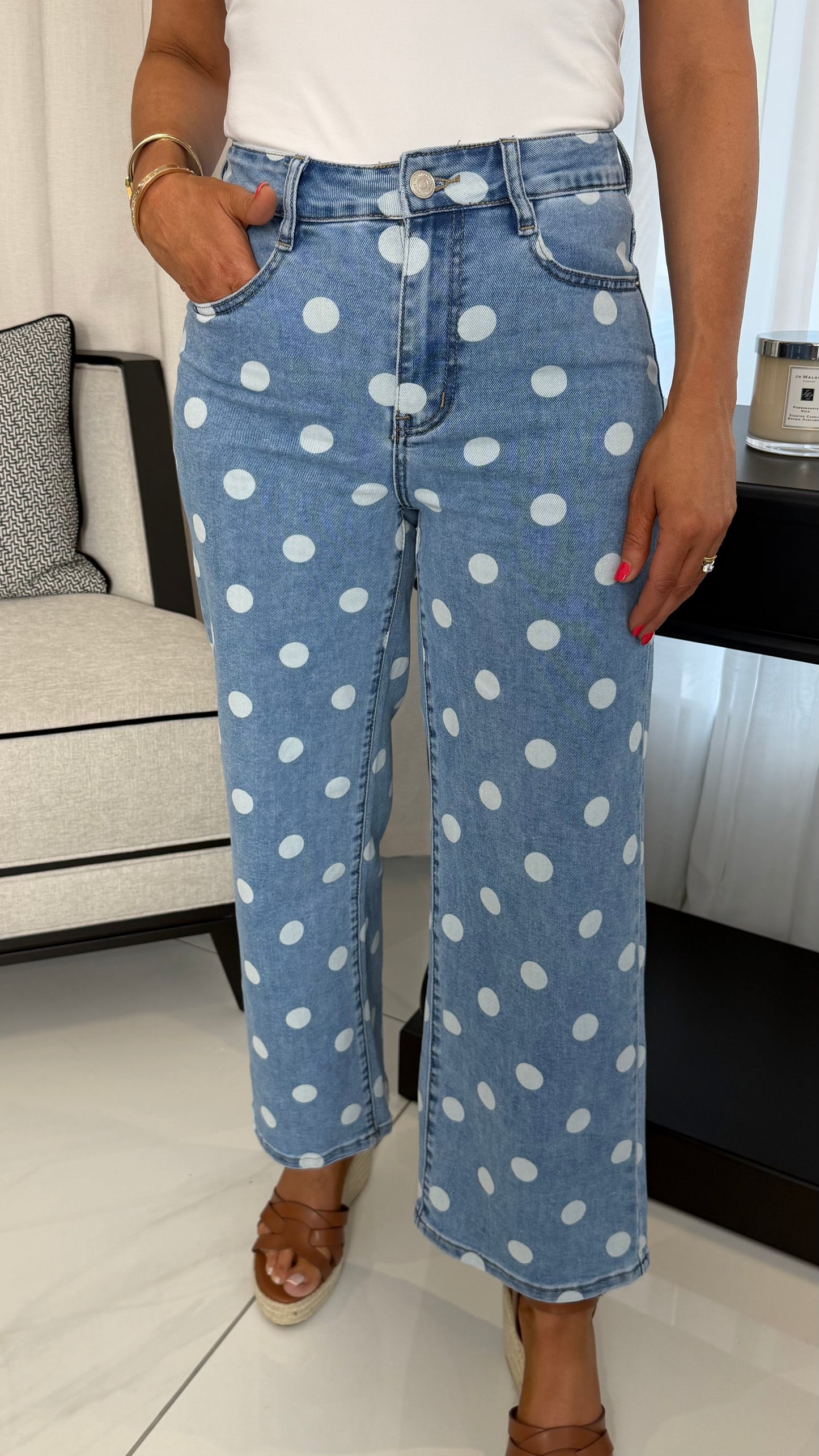 Polka Dot Wide-Leg Cropped Jeans