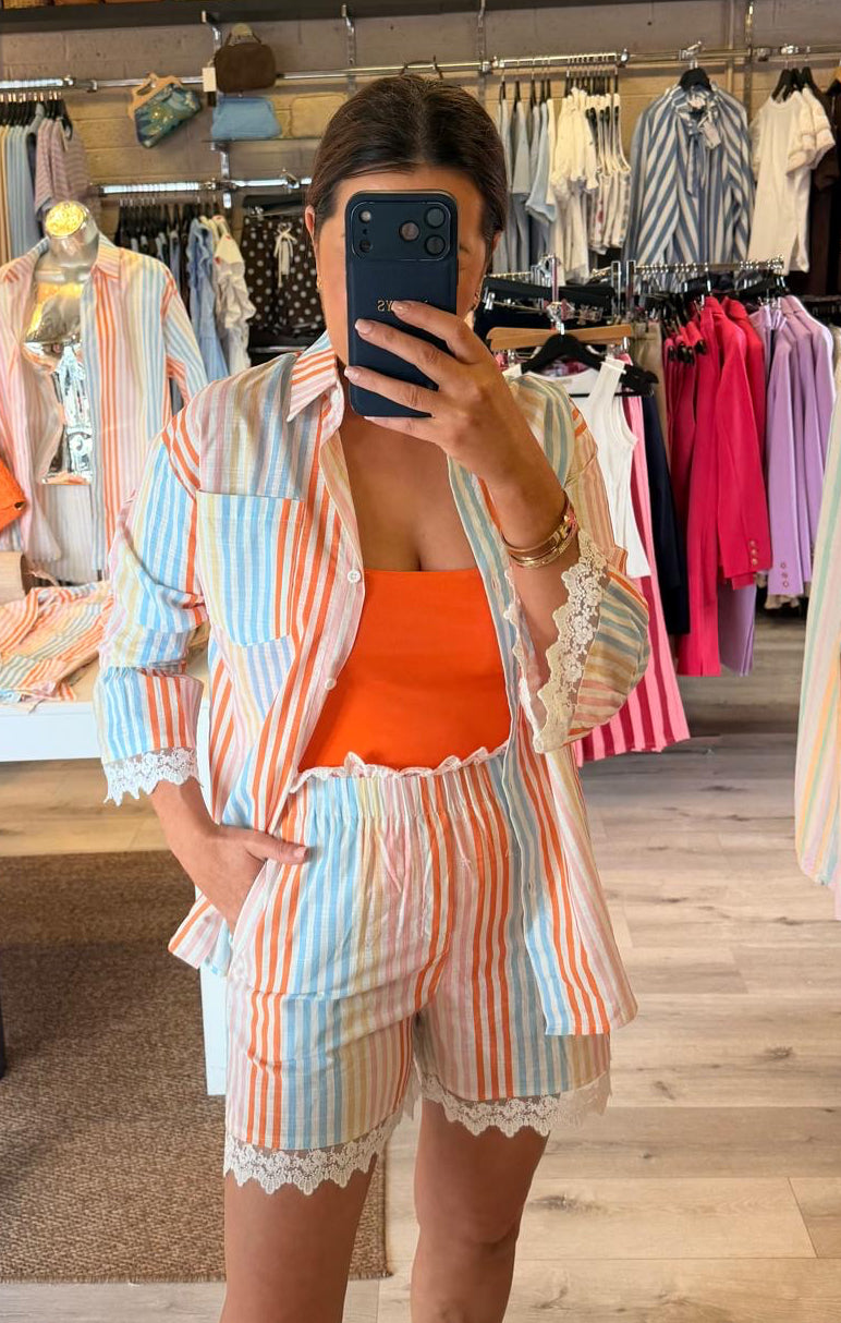 Summer Striped Shirt with Lace Trim