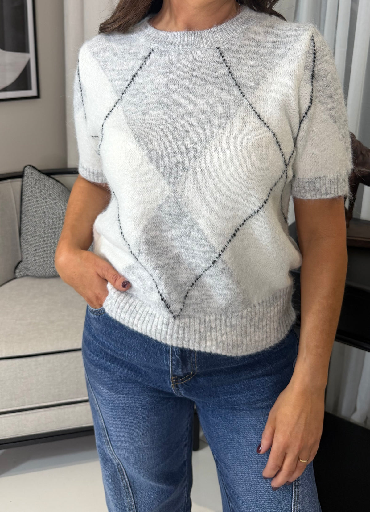 Grey/White Argyle Short Sleeve Knit