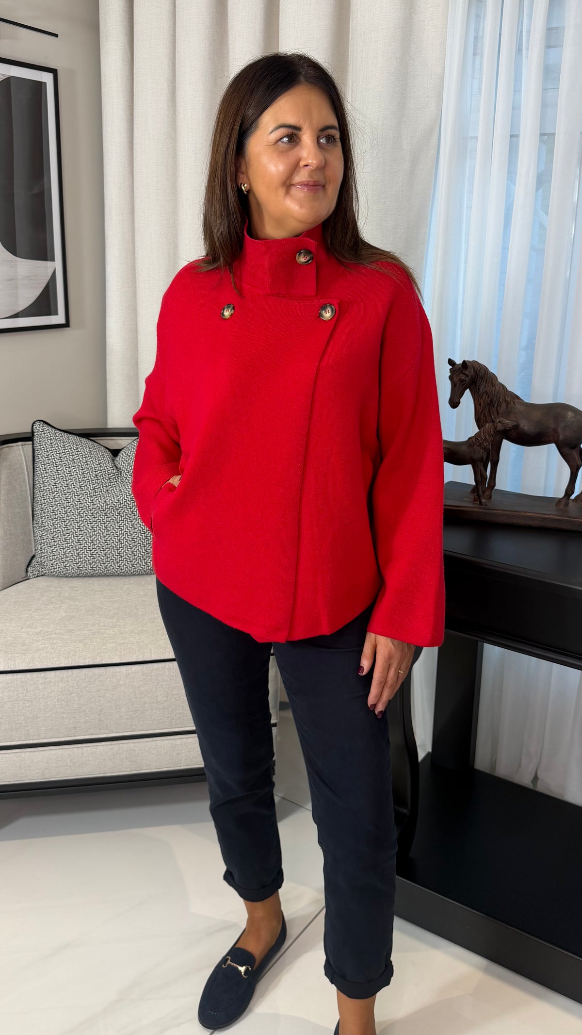 Red Funnel Neck Cardigan
