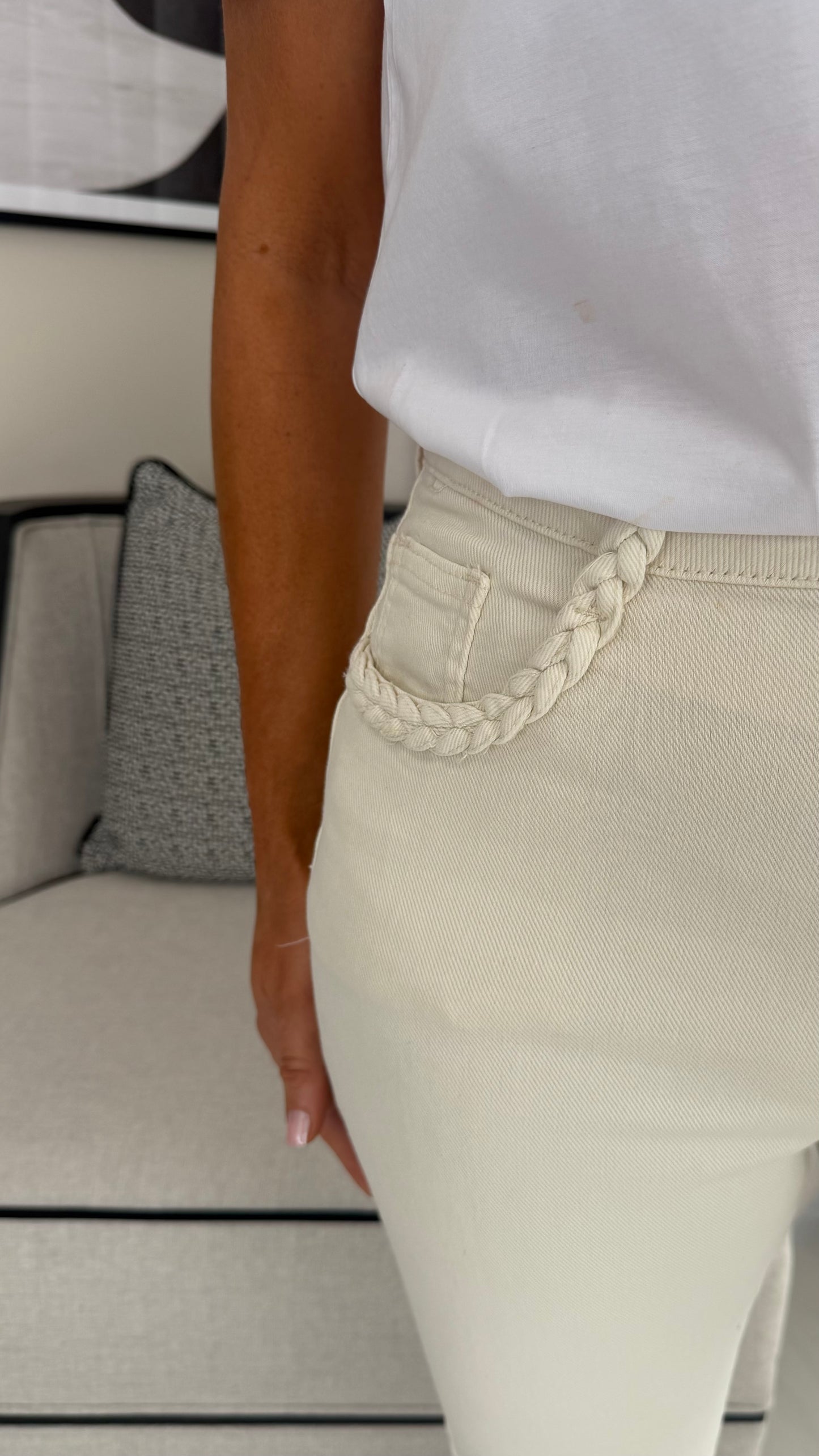 Cream Cropped Jeans with Plait Detail