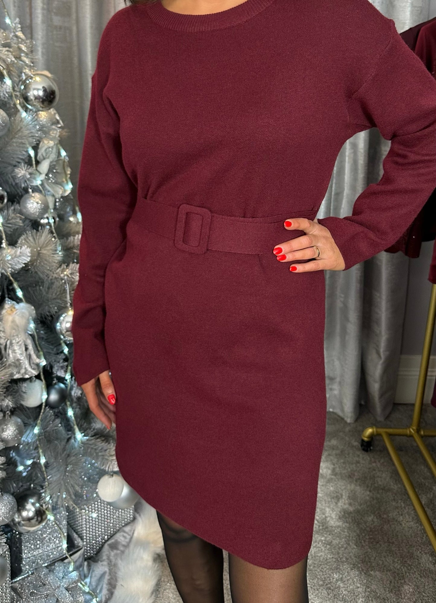 Burgundy Knit Dress with Belt