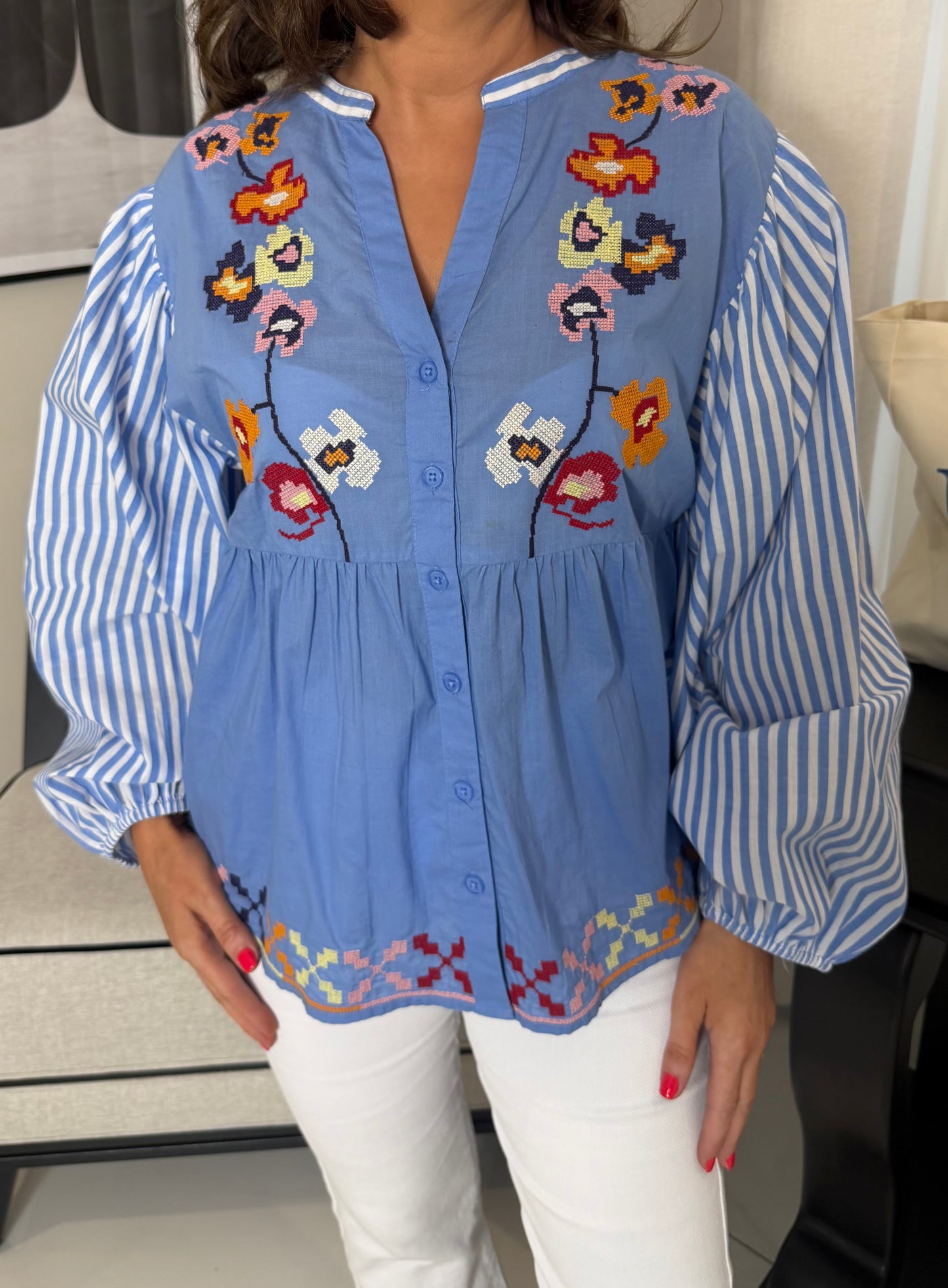 Striped Sleeve & Embroidered Blouse
