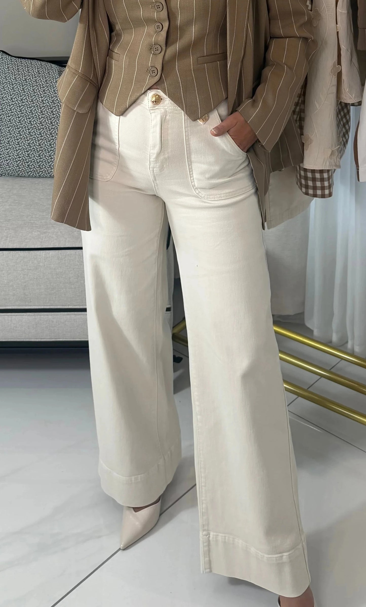 Cream Gold Button Jeans