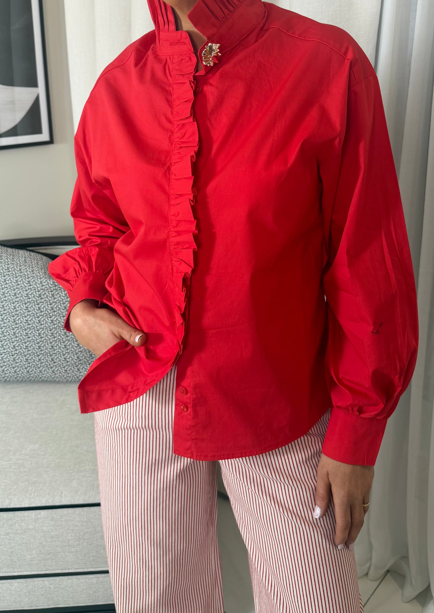 Red Ruffle Neck Shirt