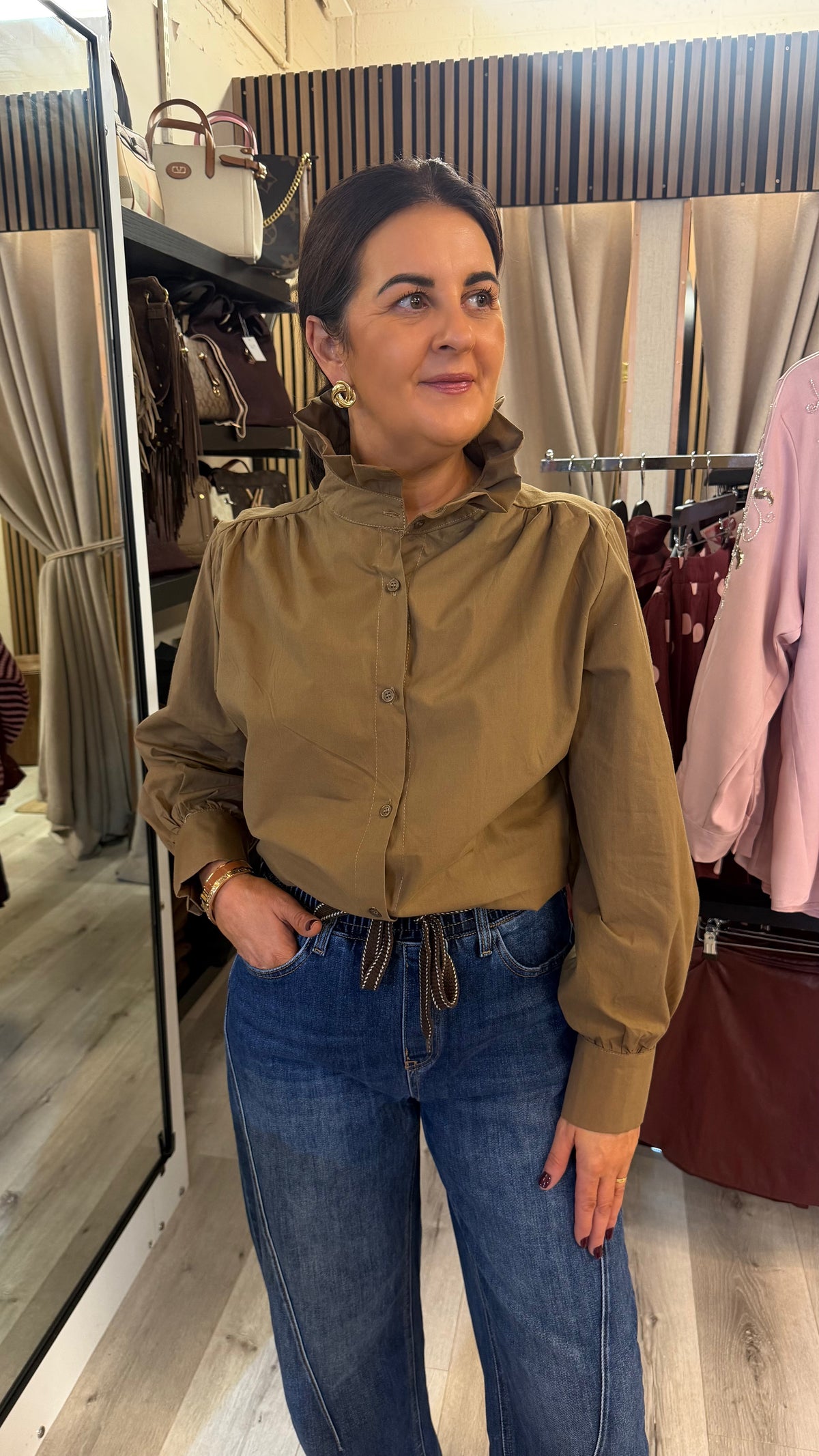 Camel Frill Neck Blouse