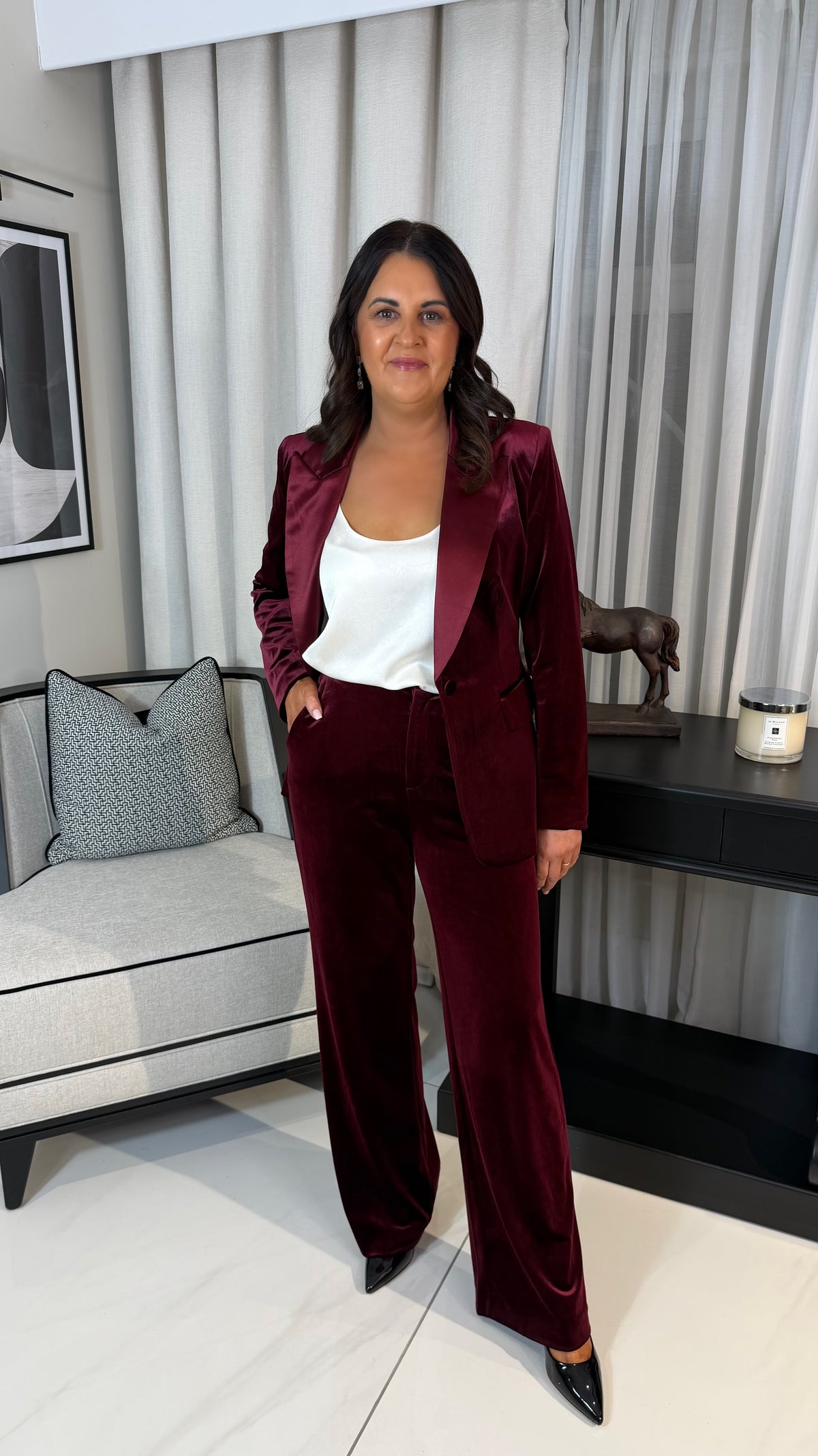 Wine Velvet Blazer with Satin Lapel