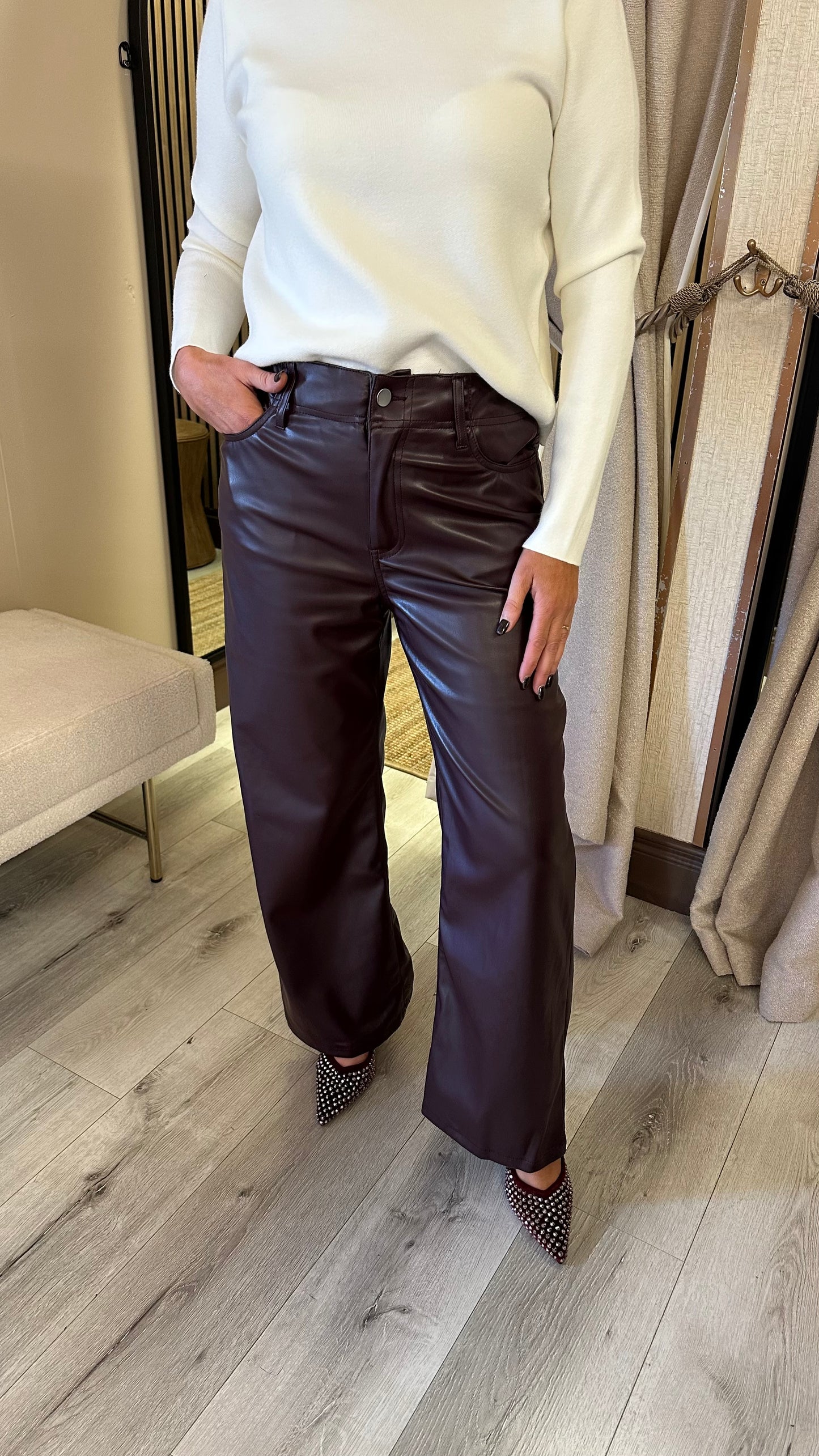 Burgundy Faux Leather Wide-Leg Trousers