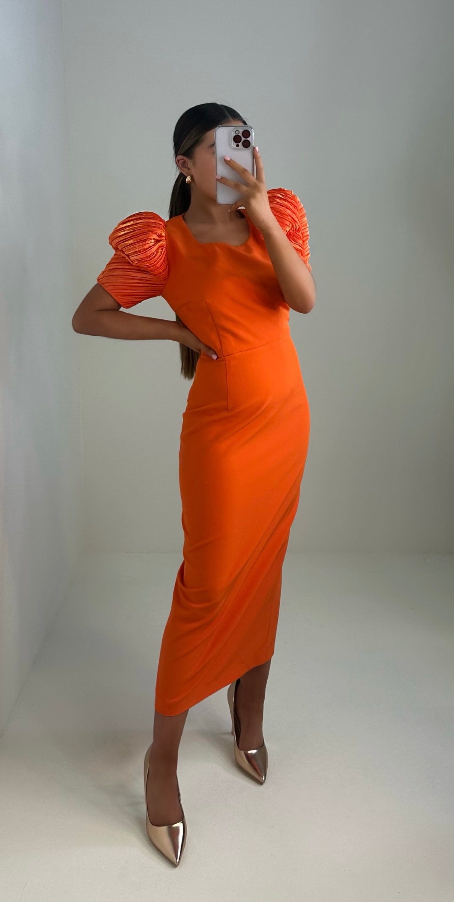 Beatrice Orange Puff Sleeve Dress