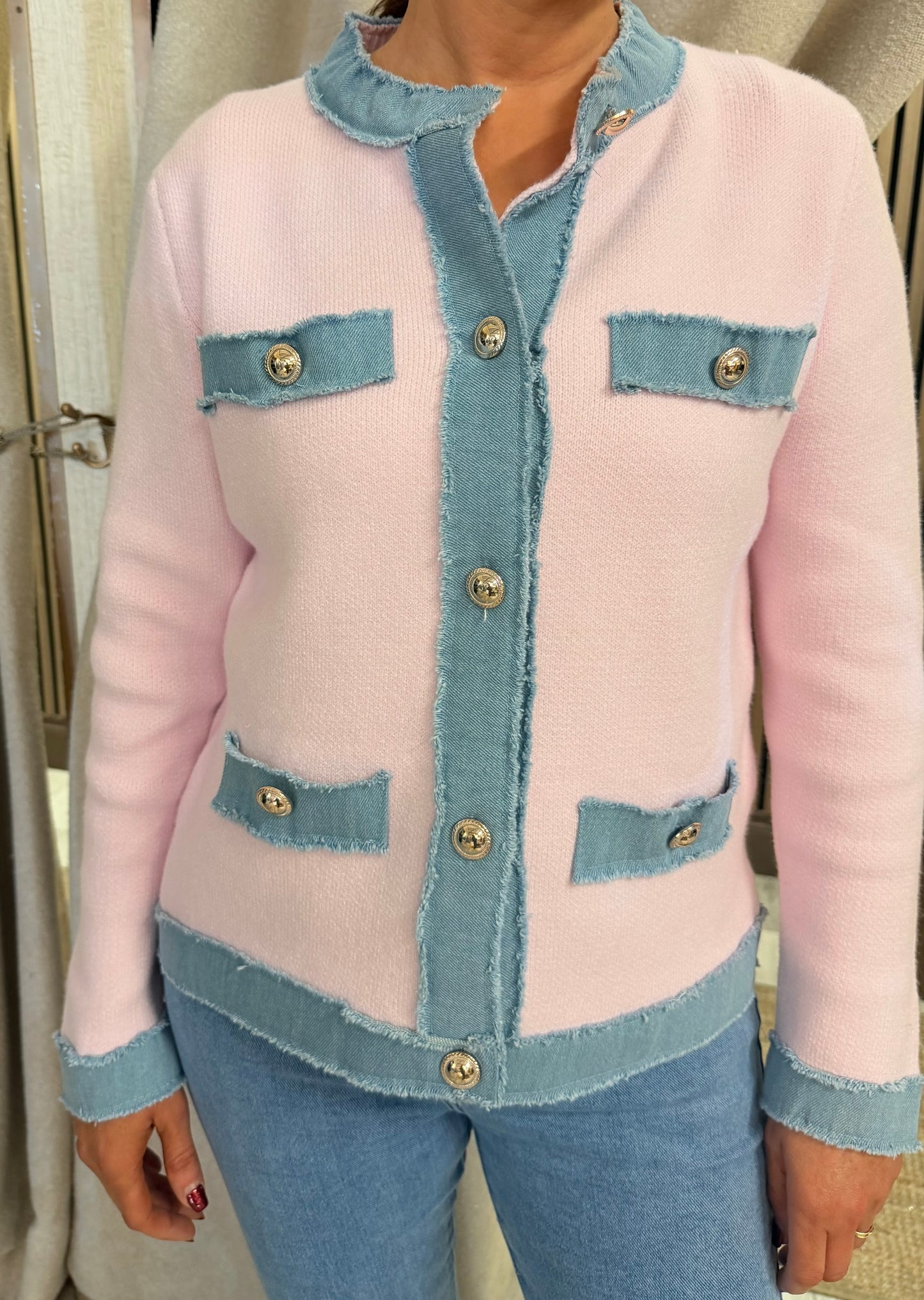 Pink & Denim Trim Cardigan