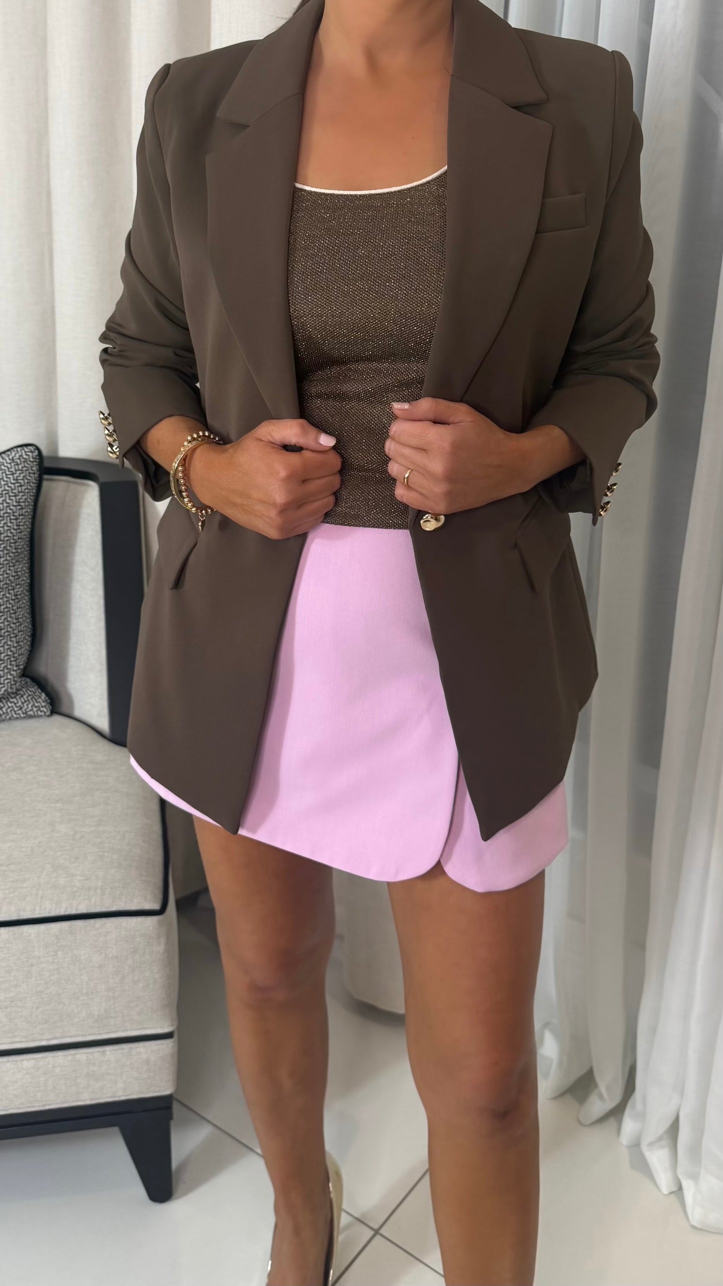 Brown Oversized Blazer with Gold Buttons