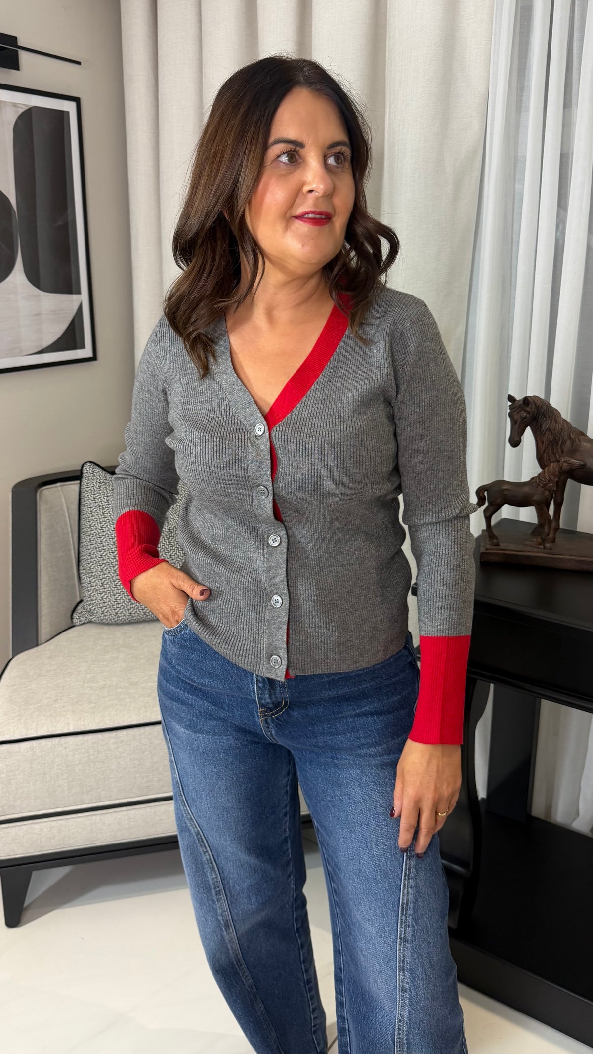 Grey & Red Colour-block Cardigan