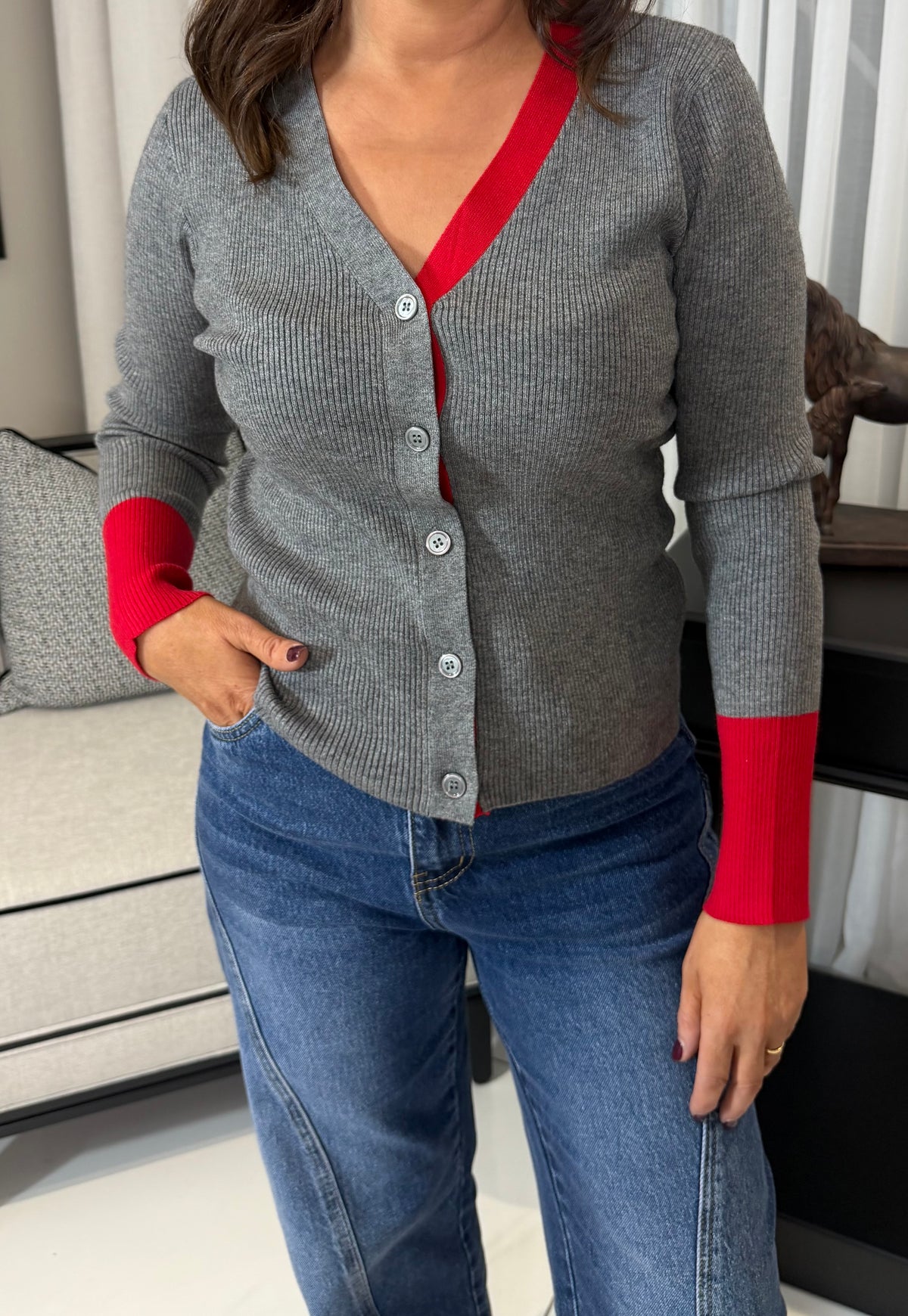 Grey & Red Colour-block Cardigan