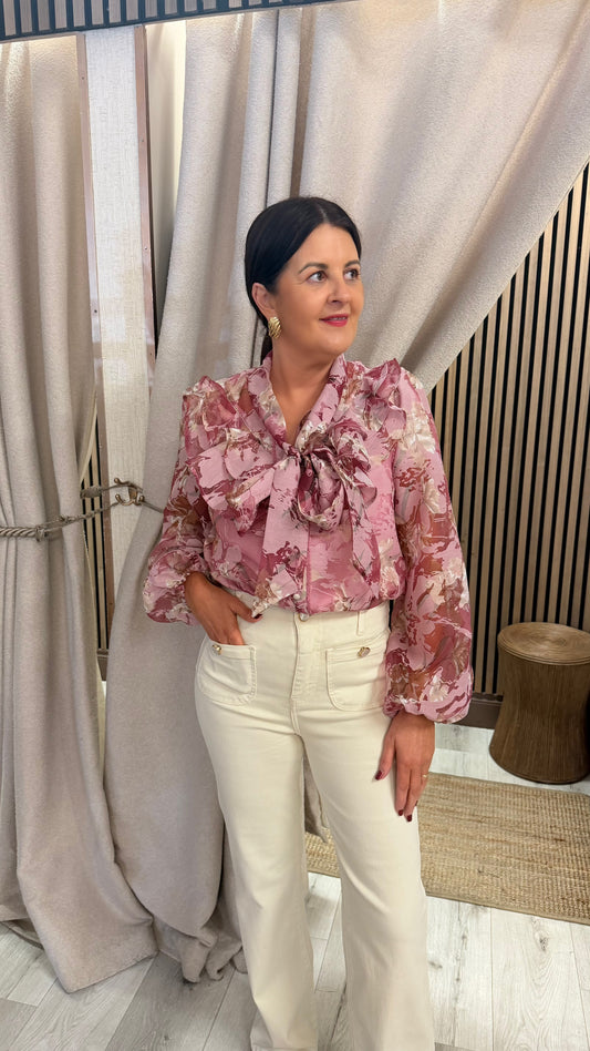 Pink Floral Tie Bow Blouse