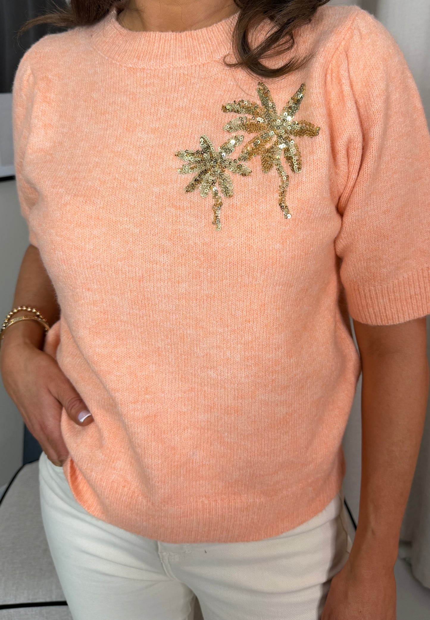 Peach Knit with Gold Sequins
