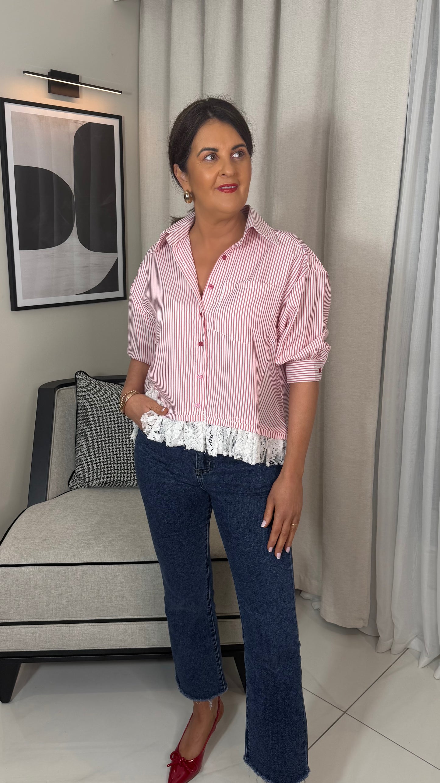 Red Oversized Lace Trim Shirt