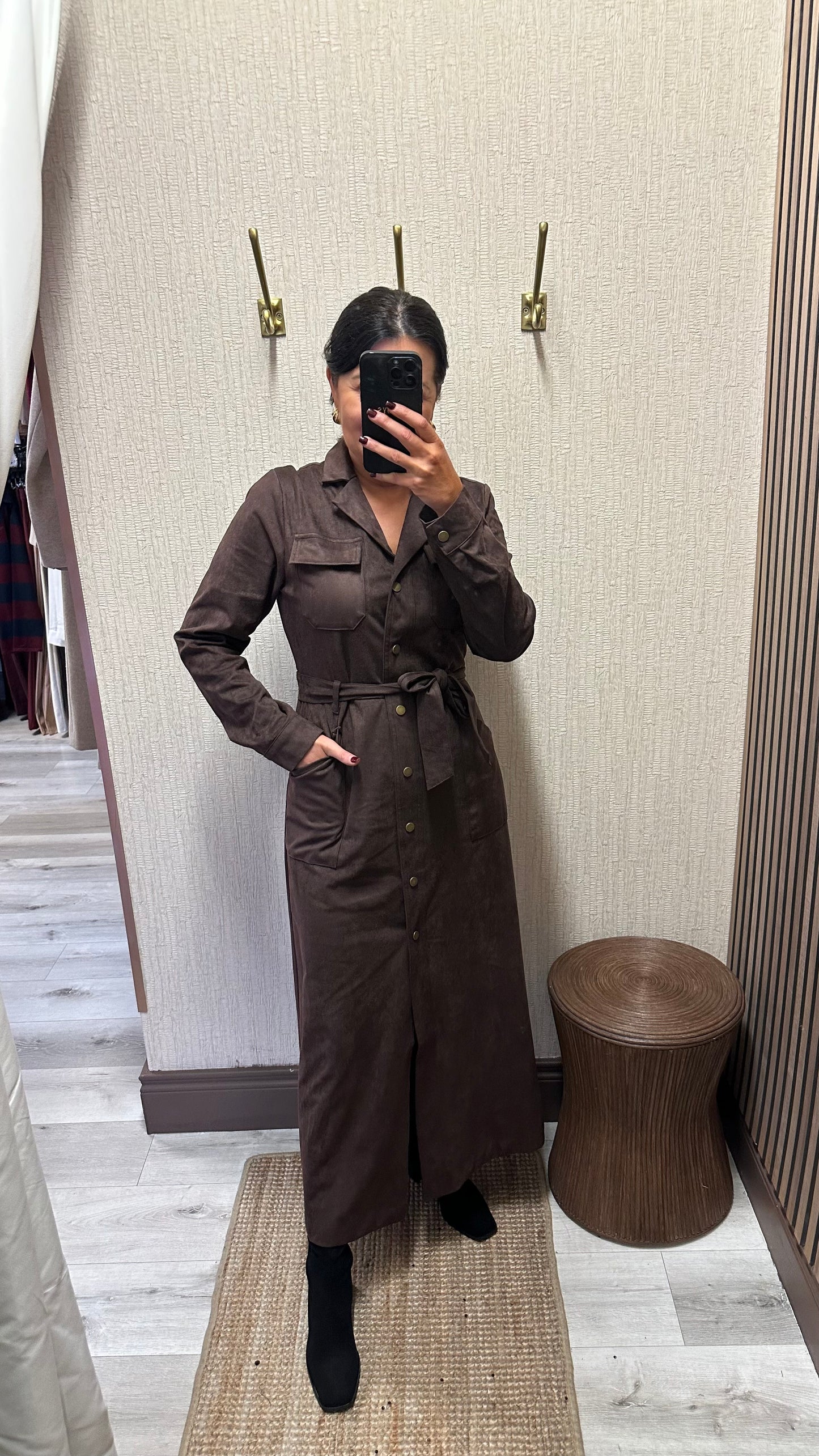 Chocolate Faux Suede Belted Dress