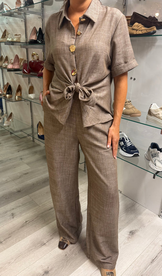 Coffee Linen-Blend Trousers