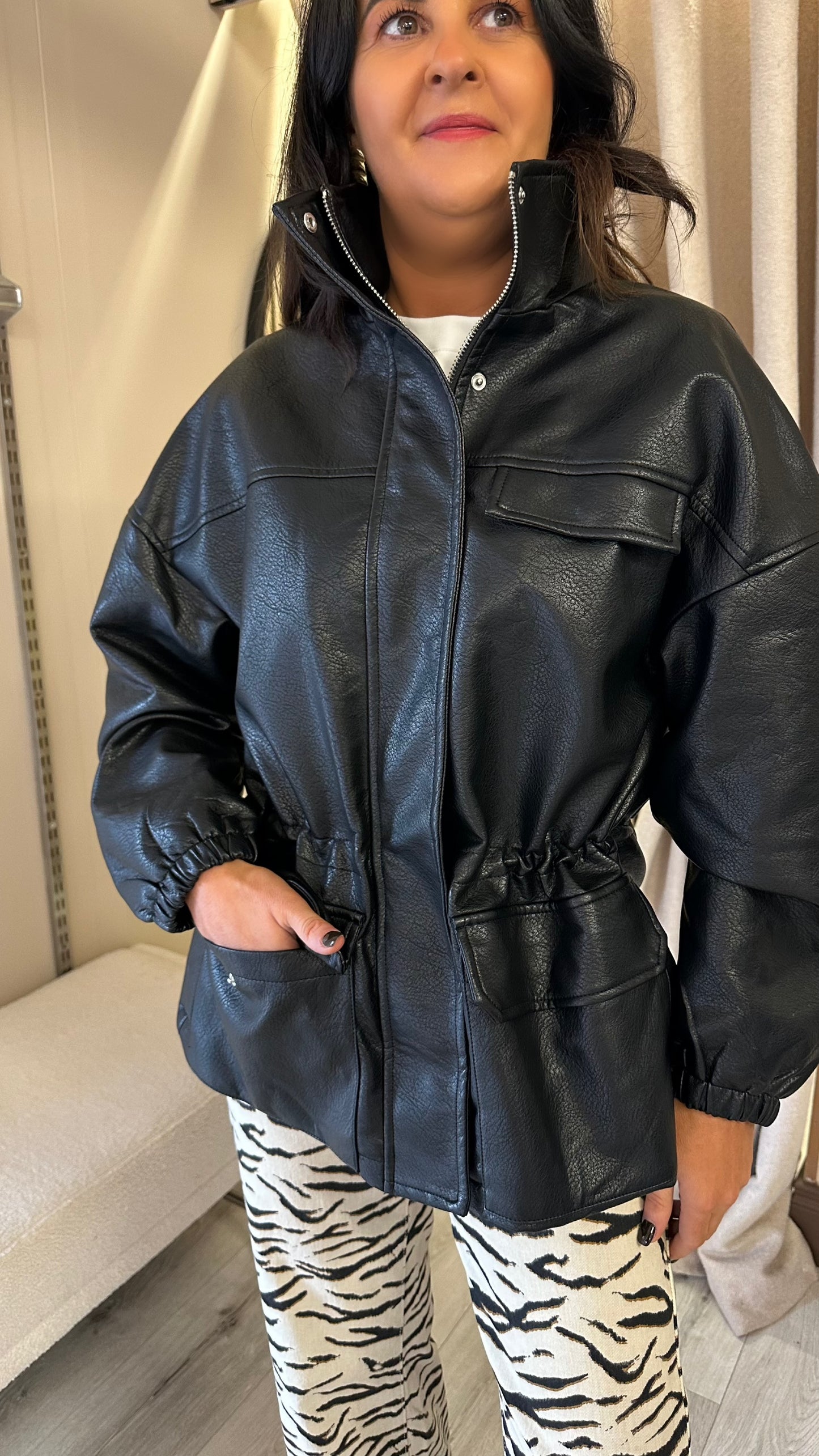 Black Leatherette Funnel-Neck Jacket