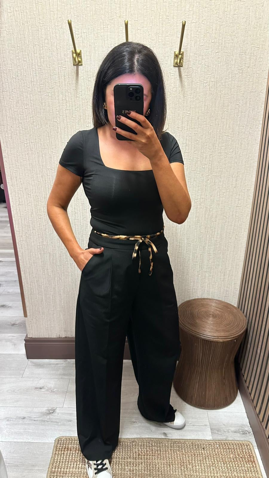 Black Wide-Leg Bottoms with Leopard Trim