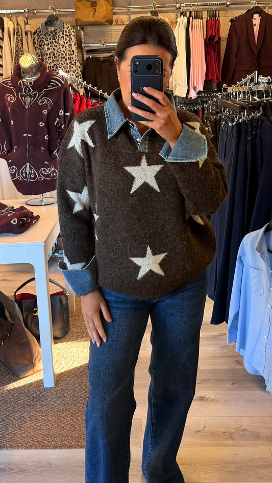Star Brown Sweater with Denim Details