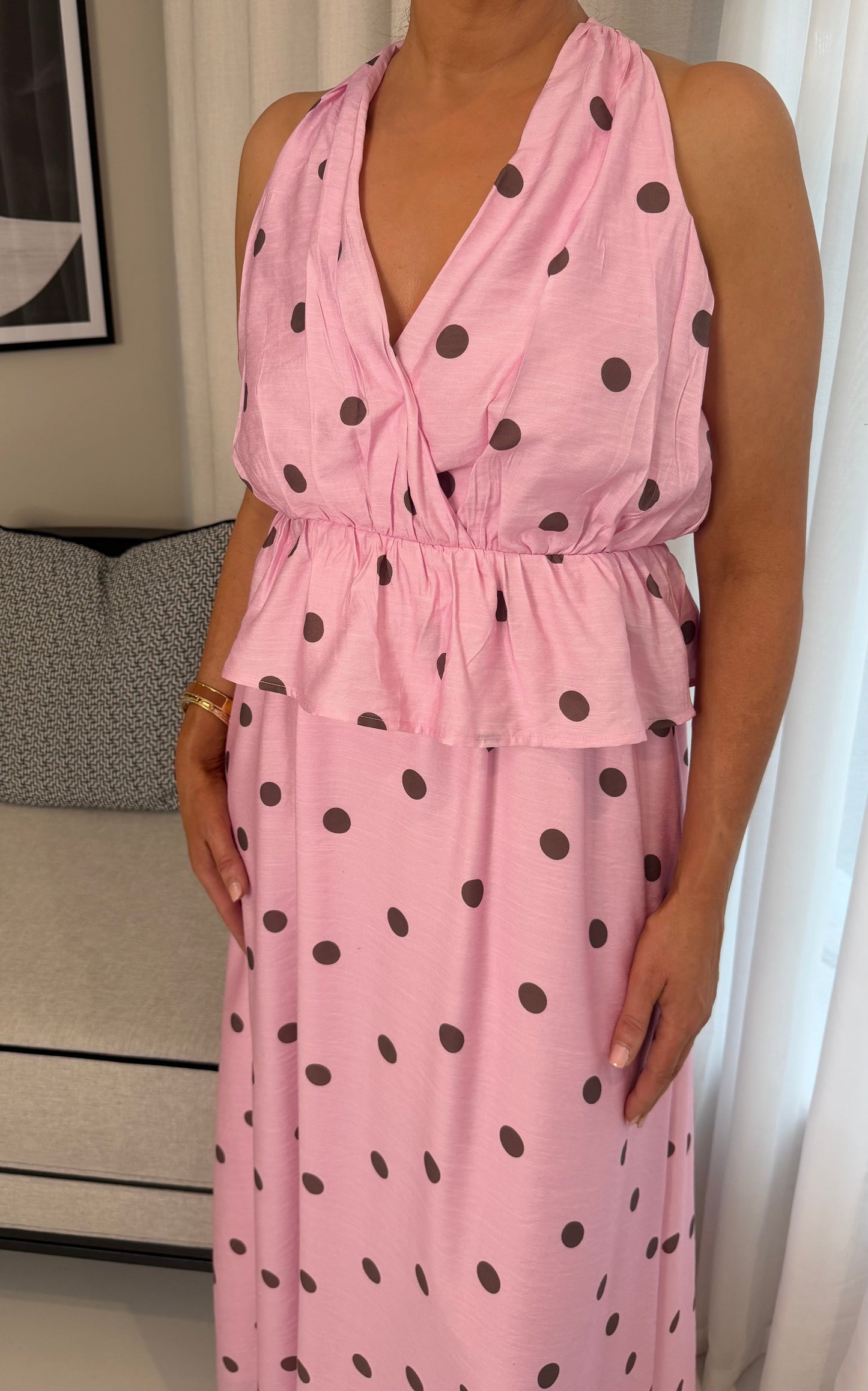 Mya Pink & Brown Polka Dot Halterneck Top