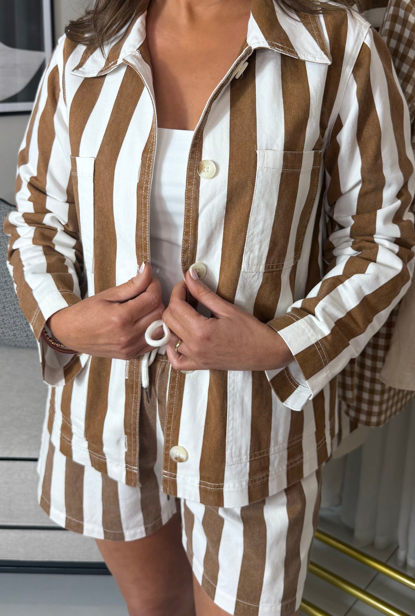 Tan & White Striped Denim Shirt