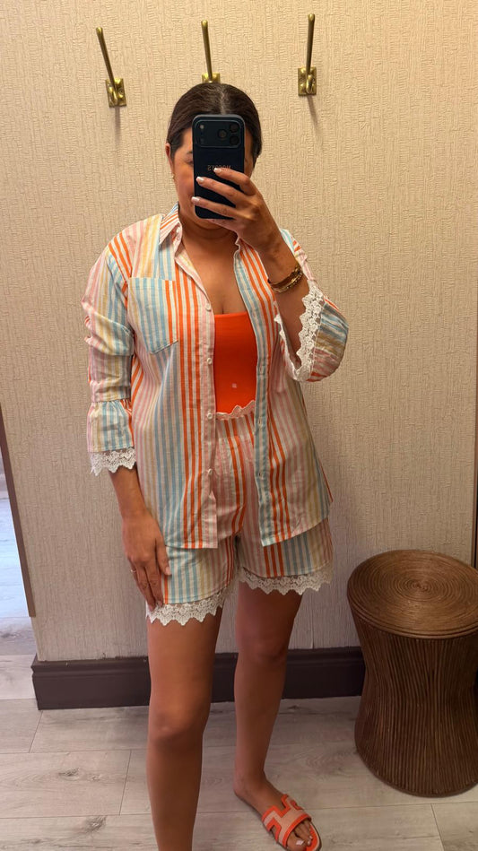 Summer Striped Shorts with Lace Trim