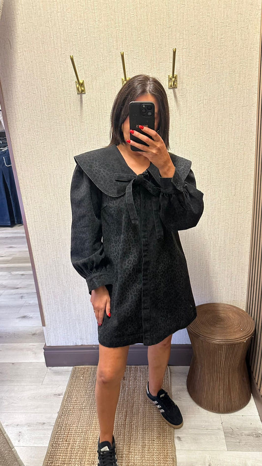 Black Denim Leopard Print Dress