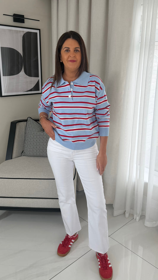 Red & Blue Striped Polo Knit